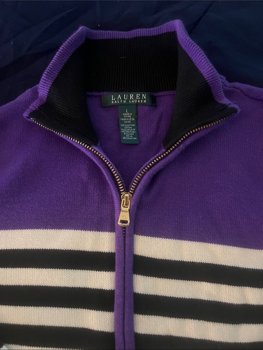 Lauren Ralph Lauren Purple, Black & White Striped Half‑Zip Turtleneck Sweater - Picture 2 of 2